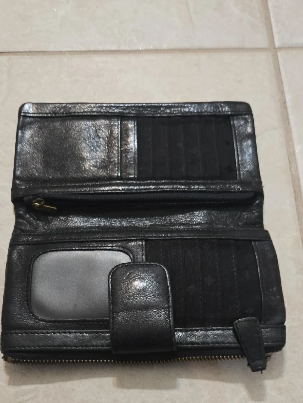 Fossil Black Leather Zip & Flap Wallet with Gold Plate